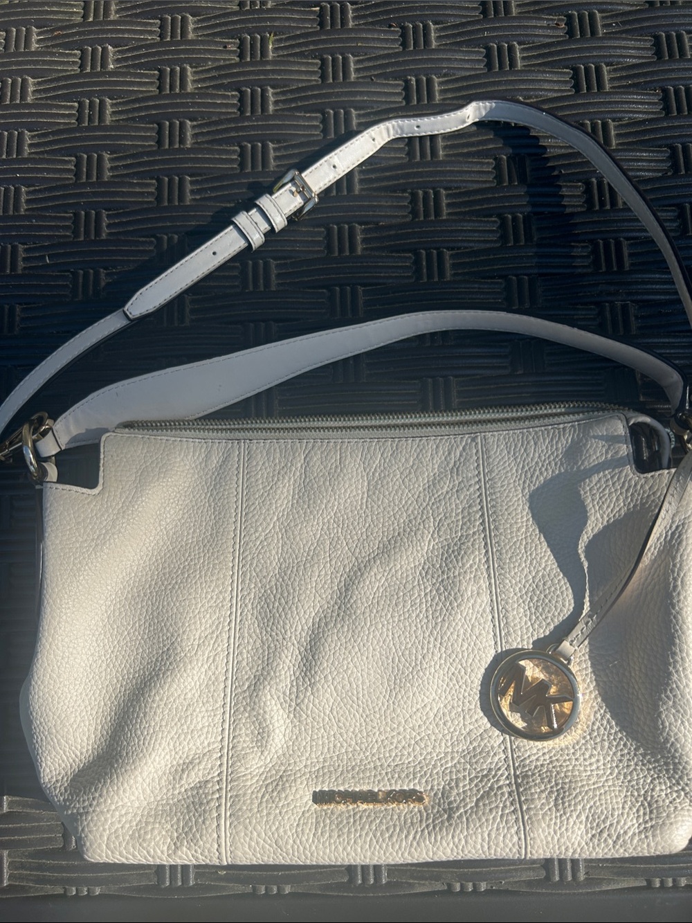 Michael Kors Cream Pebbled Leather Shoulder Bag with Gold Logo Charm